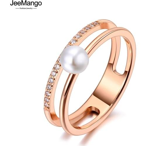 JeeMango Titanium Stainless Steel White Pearl Ring Trendy Mosaic CZ Crystal Rose Gold Wedding Rings Jewelry For Women JR20062