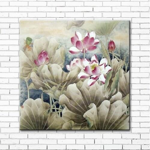 Chinese style flower pink lotus scenery canvas printings oil painting printed on canvas home wall art decoration picture