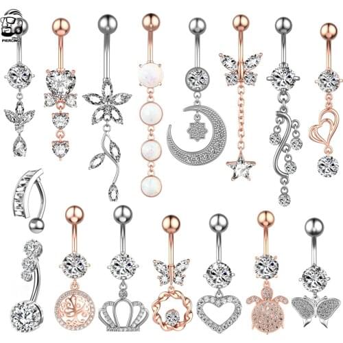 1PCS Shinny Belly Button Ring 14G Heart Belly Piercing Dangle Flower Navel Piercing Crystal Sexy Navel Bar Cute Belly Ring Oreja