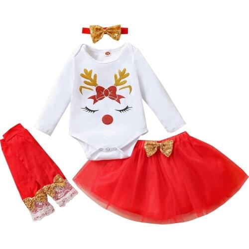 Baby Suit Set, Elk Head Print O-Neck Long Sleeve Romper+ Bowknot Skirt+ Headband+ Foot Cover for Girls, 0-18 Months