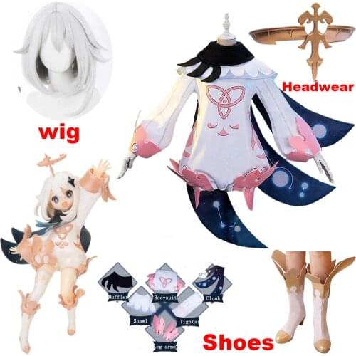 Genshin Impact Paimon Cosplay Lolita Jumpsuits Outfit Adult Women One-Piece Costume Uniform Party Halloween Wig Shoes