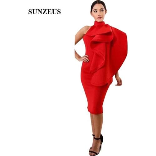 Sheath Red Prom Dresses High Neck Knee Length Low Back Party Dress With Ruffles Women Formal Gowns