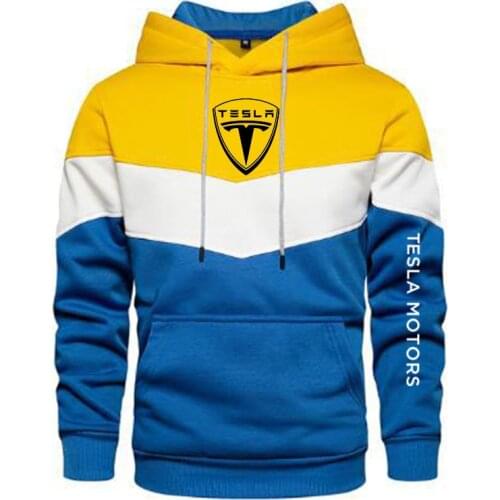 New Spring Autumn Mens Tesla Motors Logo Patchwork Color Pullover Long Sleeve Hoodie Fashion Cotton Hoody Sweatshirt