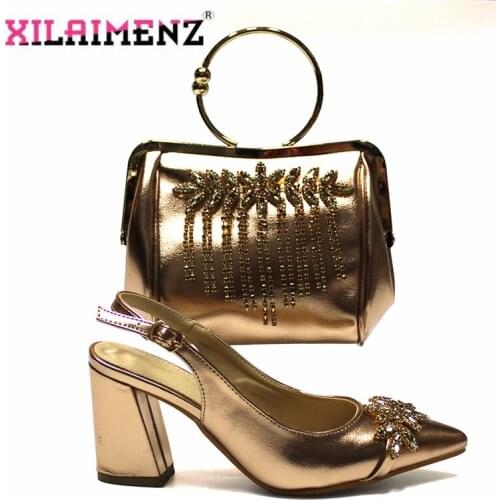 Champagne Color Nigerian Women New Design Shoe and Bag Set with Shinning Crystal High Quality Italian Lady Shoes and Bag to Matc