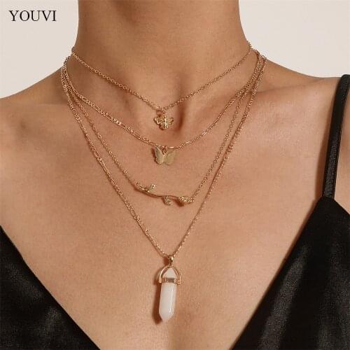 YOUVI Punk Mulitylayered Chains Necklace for Women Bohemia Butterfly Hexagonal Stone Lovers Pedants Necklace Choker Jewelry