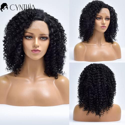 Black T Part Curly Afro Middle Part Synthetic Lace Front Wig For Black Women Heat Resistant Natural Fiber Hair Female Wigs