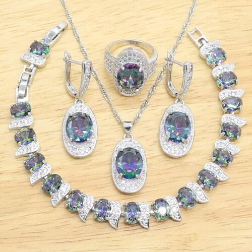 Rainbow Topaz 925 Silver Jewelry Sets For Women Bridal Bracelet Necklace Pendant Earrings Ring Birthday Gift