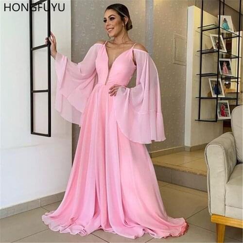 HONGFUYU Chiffon A-line Off Shoulder Prom Evening Dress vestido de formatura longo Party Dresses فساتين السهرة with Long Sleeve