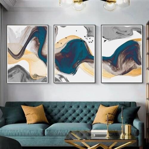 Modern minimalist blue and gray triptych art abstract painting sofa background wall poster picture decoration canvas print frame