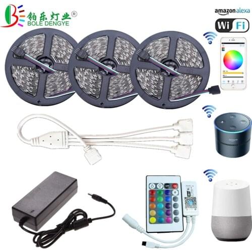 5M WiFi Bluetooth LED Strip DC 12V SMD 5050 Non waterproof Flexible RGB Tape Ribbon Light Works With Amazon Alexa Google Assist