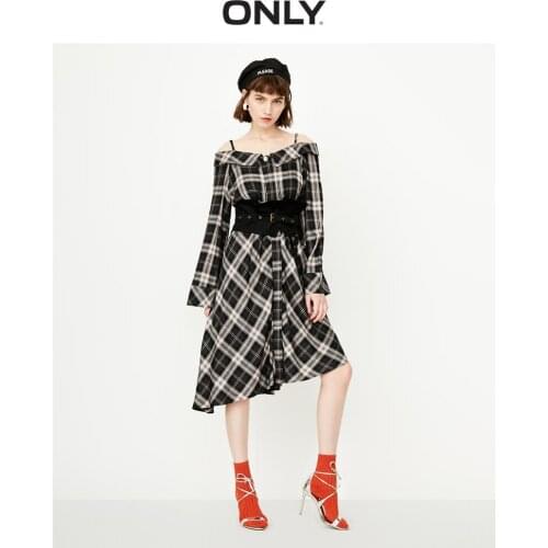 ONLY Womens Mid-length Checked Off-the-shoulder Irregular Slip Dress |119307540