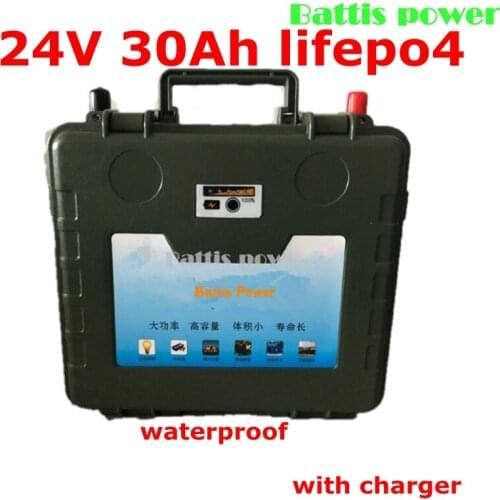 Waterproof Lifepo4 24V 30AH Battery no 24V 50ah lipo baterias BMS for 500w Outdoor Backup Power 1000w EV motor + Charger