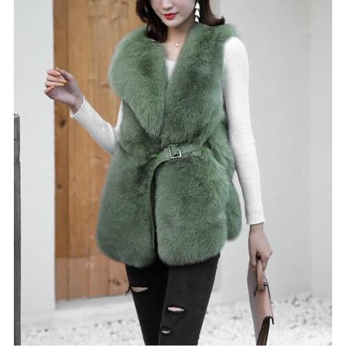 WholeSale Women Lady Winter Thick Sleeveless Natural Real Fox Fur Vest Medium Style Collect Waist Sashes Belt Long Fox Fur Vest
