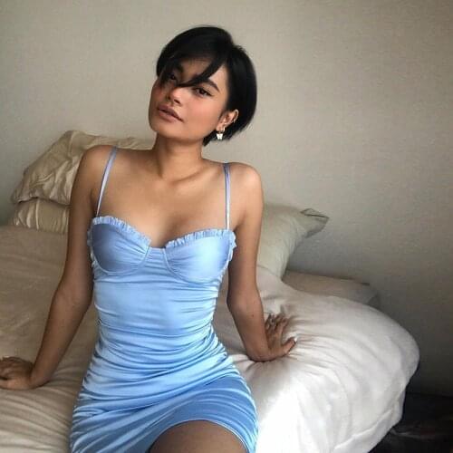 Women Satin Pleated Mini Dress Summer Spaghetti Strap Sleeveless Bodycon Dress Light Blue Hip Dress Ruffles solid sweet Dresses