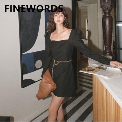 FINEWORDS Spring Square Collar Knee-length Mini Black Dress Women Korean Sexy Dinner Party Dress Vintage Streetwear Midi Dresses