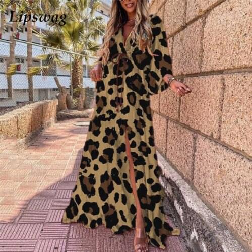Women Spring V Neck Party Beach Dress Autumn Vintage Hem Robe Loose Maxi Dress Sexy Leopard Print Elastic Waist Slit Long Dress