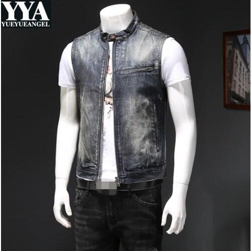 Motorcycle Stand Zipper Denim Vest Men Vintage Casual Sleeveless Jacket Spring Autumn Street Style Slim Waistcoat Plus Size 4XL