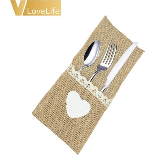 100pcs Heart Burlap Tableware Pouch Pocket Jute Rustic Knife and Fork Bag for Wedding Decoration Disposable Party Tableware