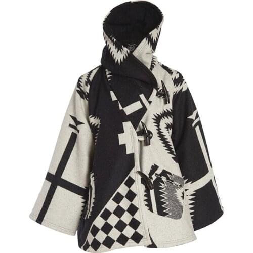 2020 New Design Monochrome Print Vintage Elegant Women Blends Wool Cape Coat Warm Winter Outerwear Loose Flare Sleeve Hooded