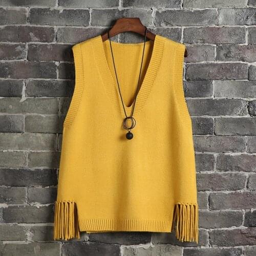 2021 Spring Autumn Womens Tassel Sleeveless Sweater Loose Knit V-neck Pullover Sweaters Plus Size Casual Solid Ladies Vest Tops