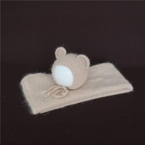 Angora Stretch Knit Wrap hat Set Fluffy Teddy Bear Bonnet Baby Swaddle Sack Newborn Photography Props