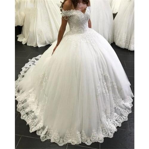 Ball Gowns Lace Princess Wedding Dresses Backless Off Shoulder Appliques Country Style Bridal Gowns Elegant Vestidoe De Noiva