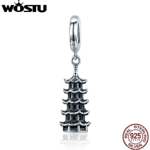WOSTU 925 Sterling Silver Chinese Tower DIY fine beads Fit Original Pandora Charm Bracelet Jewelry making