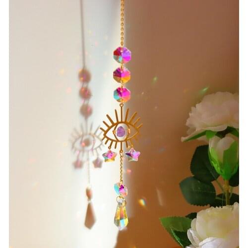 Crystal Windchimes Star Eye Pendant Handmade Hanging Crystal Prism Moon Bell Wedding Curtain Chandelier Home Decor Wind Chime