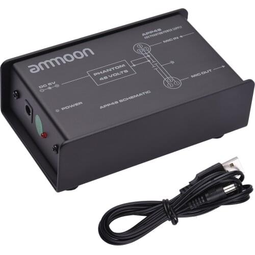 Ammoon 48V USB Phantom Power Supply USB Condenser Microphone DC5V Phantom Power Boxes Studio Music Recording with Accessories