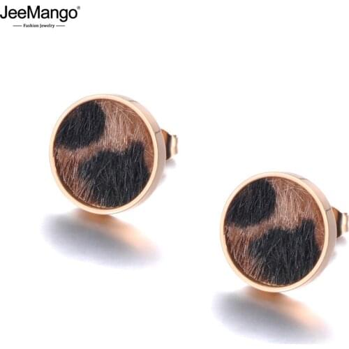 JeeMango Leopard Print Horse Hair Pasted Round Stud Earrings Rose Gold Stainless Steel Earrings Jewelry For Women Girls JE19022