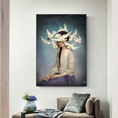 Bird of Peace Surround The Girl Canvas Painting Wall Art Nordic Posters and Prints Wall Pictures for Living Room Decoration