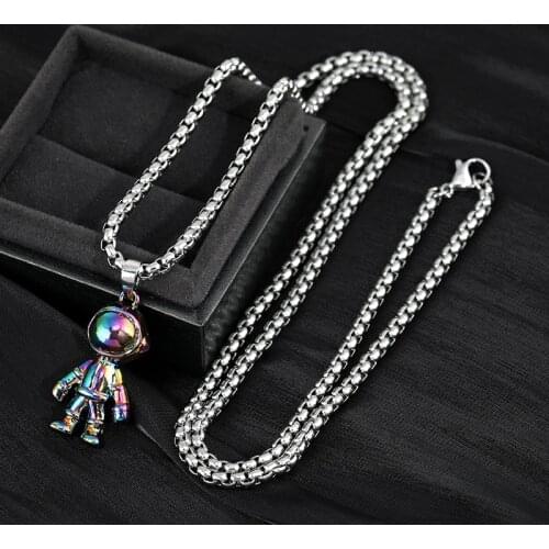KIOOZOL Cool Rainbow Color Astronaut Pendant Stainless Steel Silver Color Necklace For Men Fashion Jewelry 295 KO2