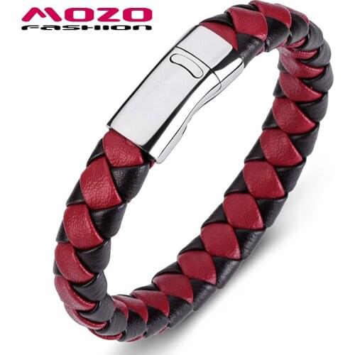 Fashion Men Bracelet Woven Leather Handmade Stainless Steel Magnetic Clasps Bangle Vintage Jewelry Red