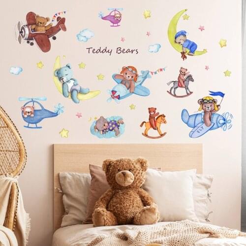 Cartoon Plane Bear Wall Stickers Kids Room Decor Boy Girl Bedroom Home Living Room Decoration Creative Animal Mural wall decor