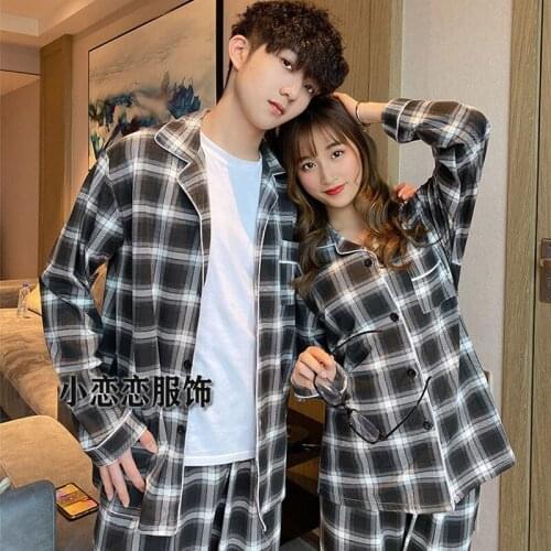 Pure Cotton Men Women Pajamas Set Plaid Couples Lovers Sleepwear Loose Shirts + Pants Male Nightwear Plus Size Lounge Wear