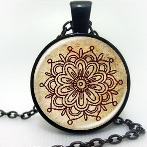 Black bloom mandala flower pendant henna yaga necklaces jewwlry dome glass handmade necklace om symbol buddhism zen 2020
