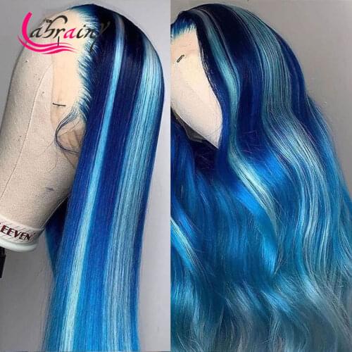 30 Inch Highlight Blue HD Transparent Lace Frontal Human Hair Wigs Ombre Pink Blonde 13x6 Full Lace Front Wigs Body Wave
