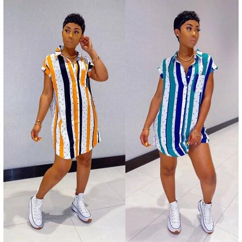 Summer Striped Shirt Dress Women Fashion Casual Short Sleeve Lapel Pocket Irregular Striped Shirt Dress Women