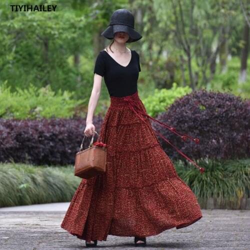 TIYIHAILEY 2020 Free Shipping Fashion Long Maxi A-line Elastic Waist Women Summer Cotton S-2XL Flower Skirts Print Spring Skirts