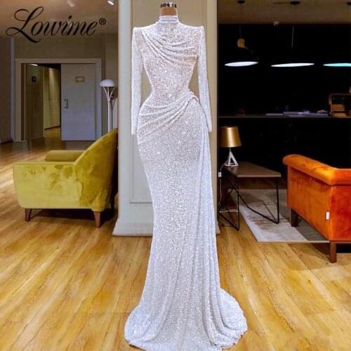 White Full Beading High Neck Saudi Arabic Evening Dress Mermaid Party Gowns Beaded Turkish Islamic Prom Dresses Robe De Soiree
