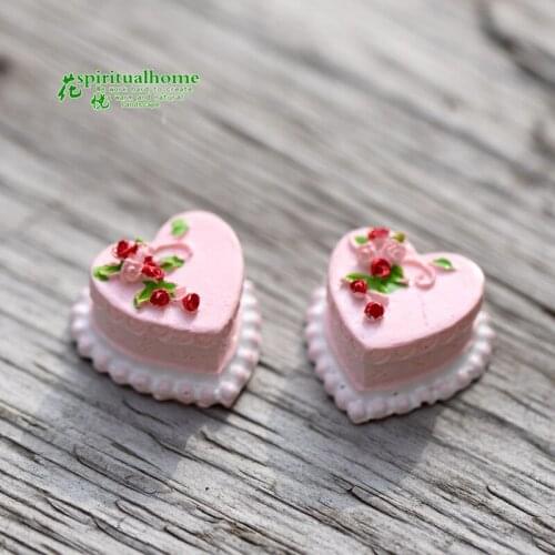 2PCS Flat Back DIY Miniature Artificial Fake Food Heart Style Cake Resin Cabochon Decorative Craft Play Doll House Toy