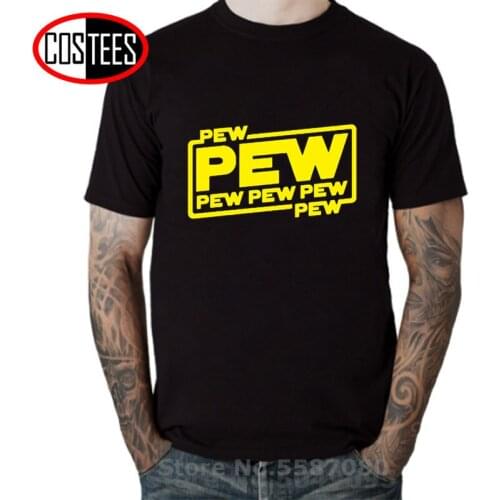 2020 Cool Fashion JEDI Falcon Mens Tee Tops Death War T shirts man Funny Letters Design "PEW PEW PEW" Golden PU Printed T-shirt