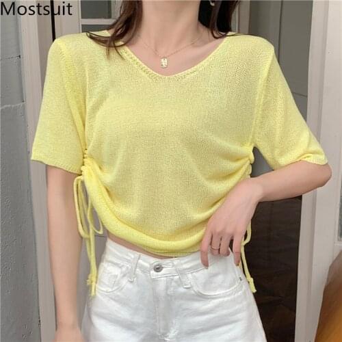 2021 Summer Sunscreen Knitted Pullover Knitwear Women Short Sleeve V-neck Drawstring Tops Korean Hollow Fashion Jumpers Femme