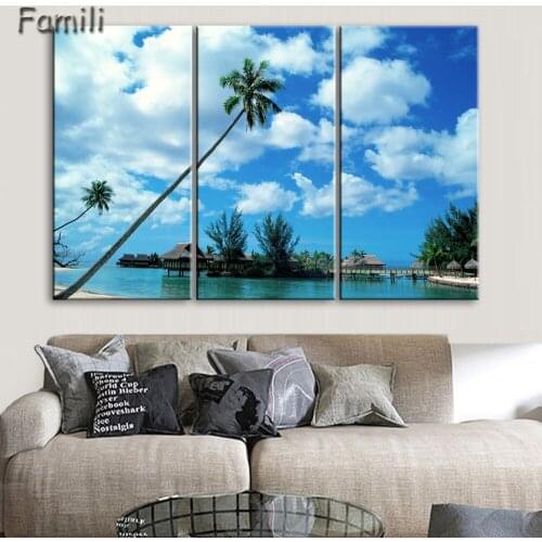 3pcs Seaside swimming pool Maldives Landscape Modern oil Painting Drawing art Spray Unframed Canvas Frameless wire scarf