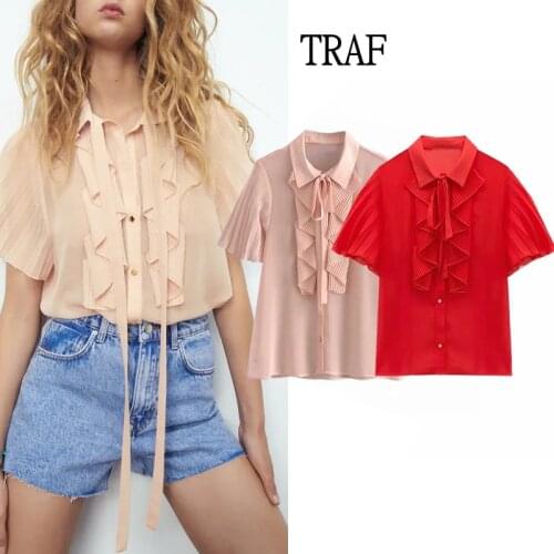TRAF Za Woman 2021 Blouses Fashion Lapel Ruched Short Sleeve Pink Women Shirts Elegant Bow Office Loose Top Button Summer Blouse