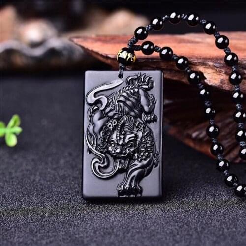 Natural Black Obsidian Tiger Pendant Necklace Beads Fashion Charm Jewellery Hand-Carved Chinese Lucky Amulet for Men Women Gifts