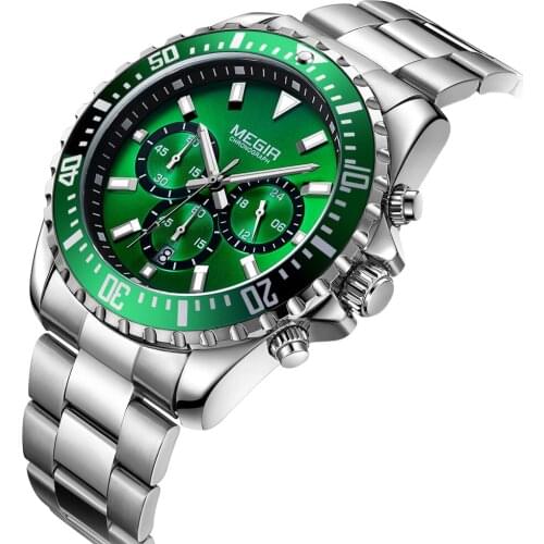 Megir Mens Chronograph Analog Quartz Watch with Date Hands Waterproof Stainless Steel Strap Wristswatch Man Relogio Masculino