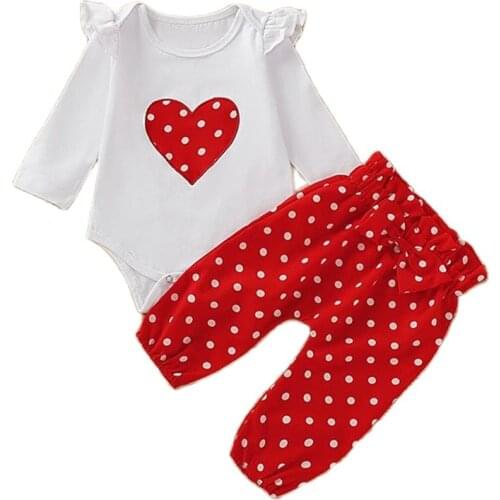 Newborn Baby Girls Clothes Long Sleeve heart print T-shirt+red polka dot Pants+Headband Infant 3Pcs Baby Girls Clothing Set