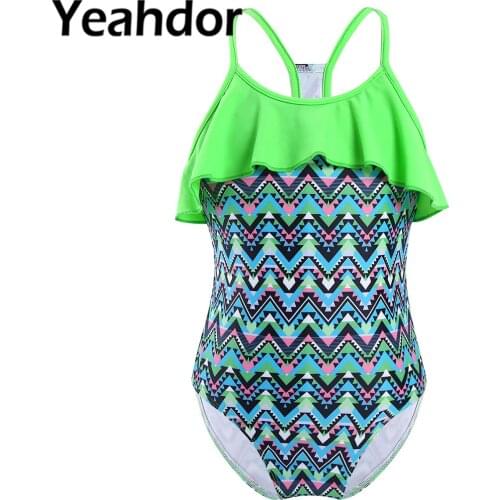 Kids Girls Swimsuits Swimming Suit Bodysuit Round Neck Straps Hollow Out Ruffle Trim Jumpsuit Swimming Children Bathing Outfit