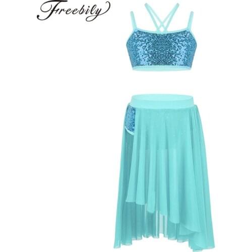 Kids Dance Costumes Sequins Straps Crop Top Tulle Ballet Tutu Skirt Set for Girls Lyrical Gymnastics Leotard Ballerina